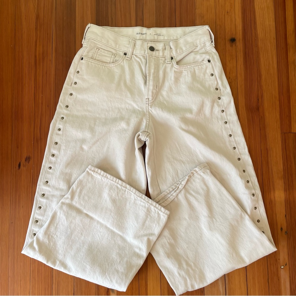 Cream Baggy Wide Leg Jeans with Studded Detail